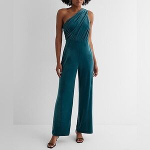 Express Velvet One Shoulder Ruched Wide Leg Jumpsuit- Deep Teal - Small